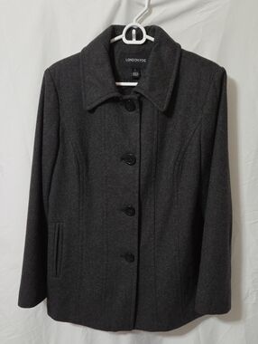Dark Gray Wool-Blend Pea Coat Jacket, Fully Lined, Size Large, Like New Cond